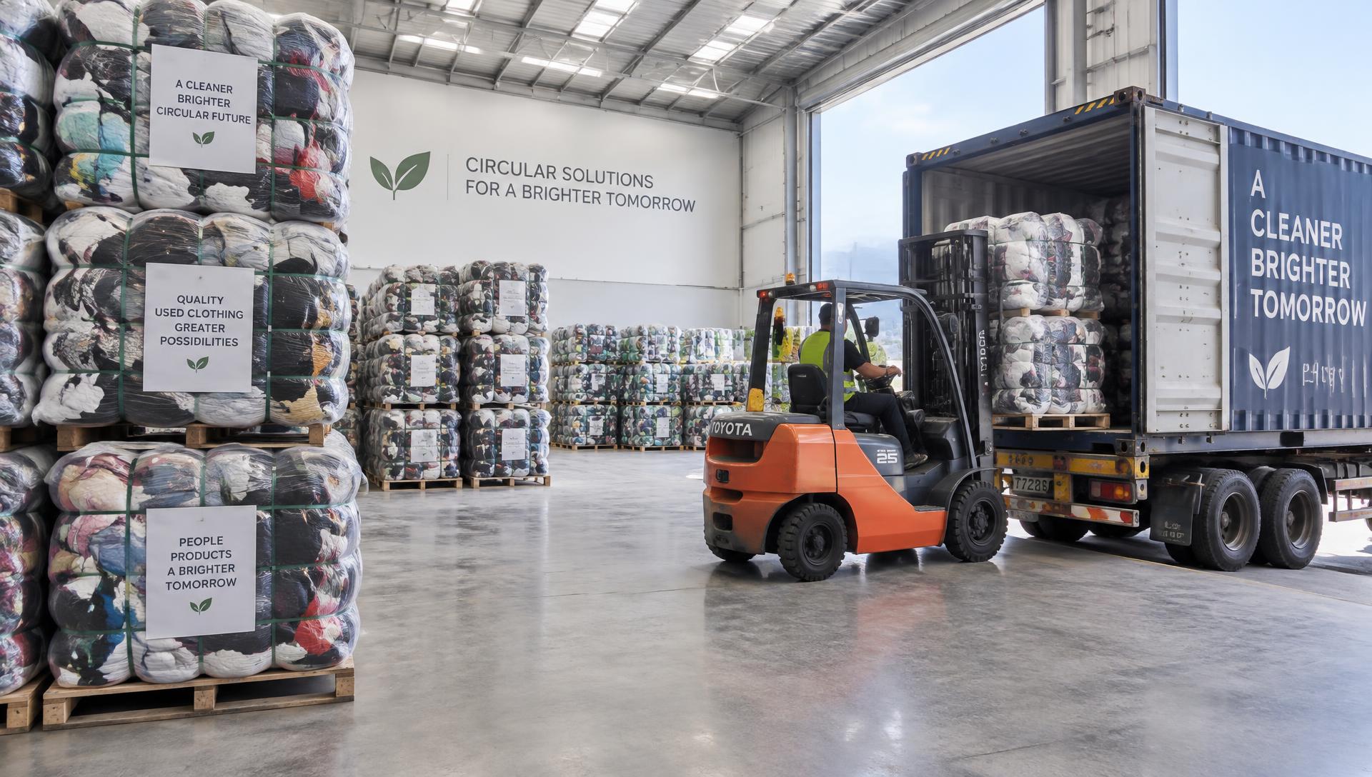 Bales of used clothing being loaded into a shipping container at the Visitex warehouse